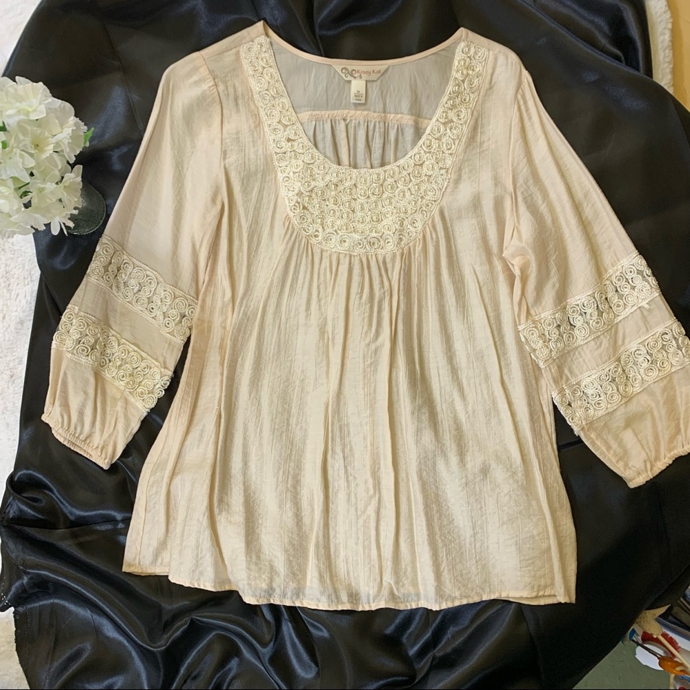 Krazy Kat Boho Peasant 3/4 Elastic Sleeve Pearl Blouse Pale Pink Sz M